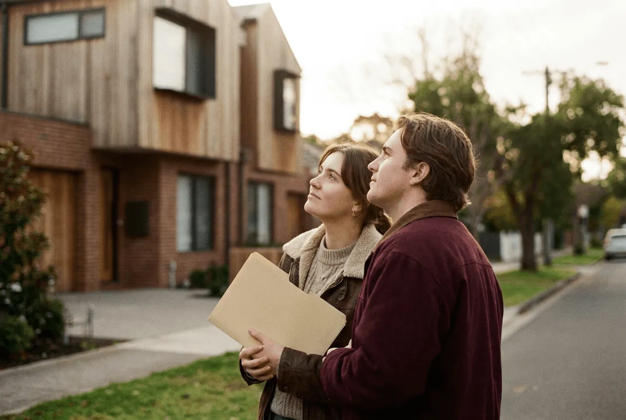 Young couple holding paperwork outside a home for sale in Melbourne's east