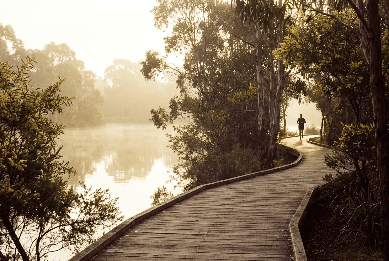 Misty boardwalk through bushland in Melbourne's east at sunrise