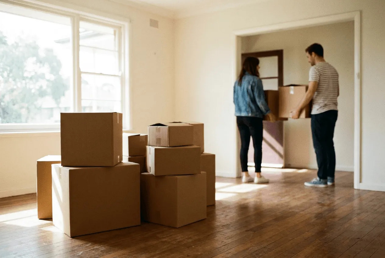 Couple moving into a new home with packing boxes