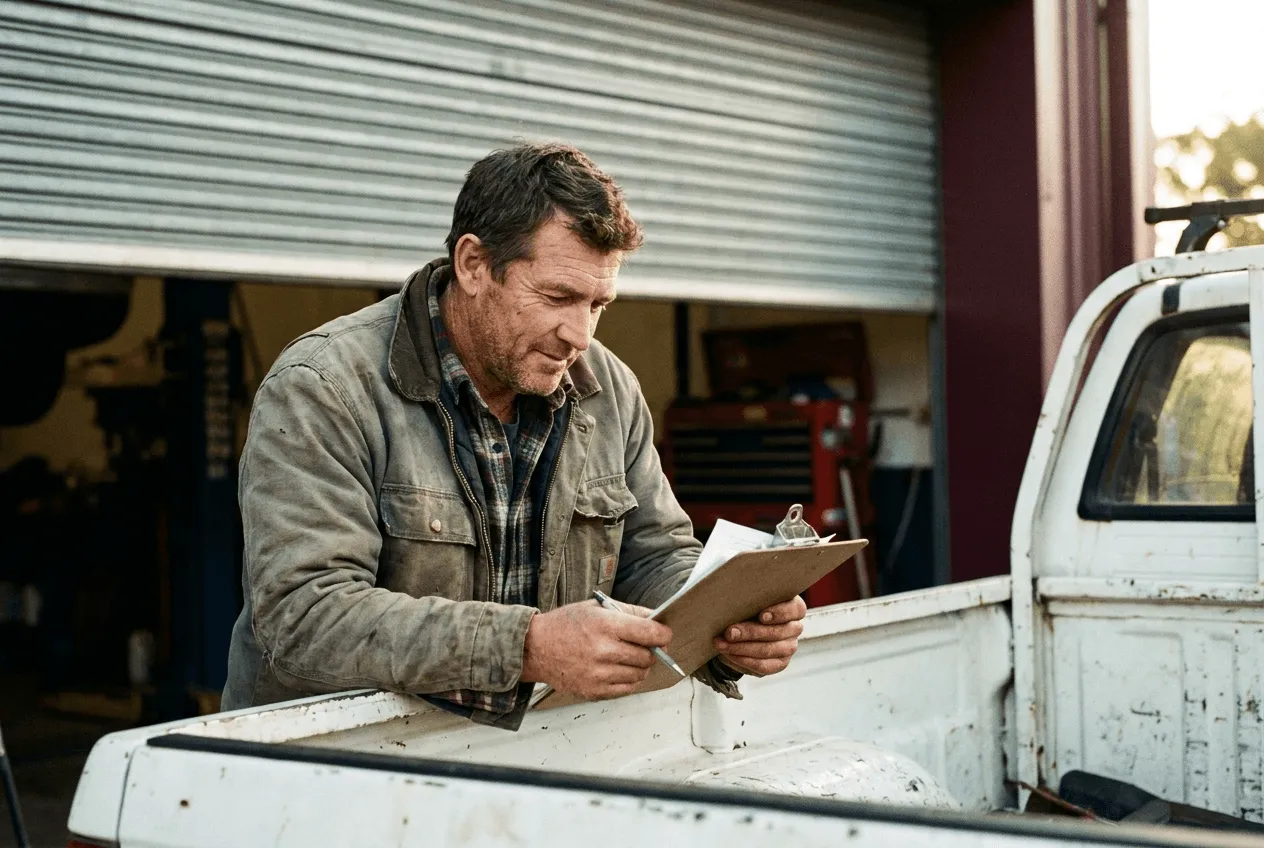 Self-employed tradie reviewing paperwork on his ute