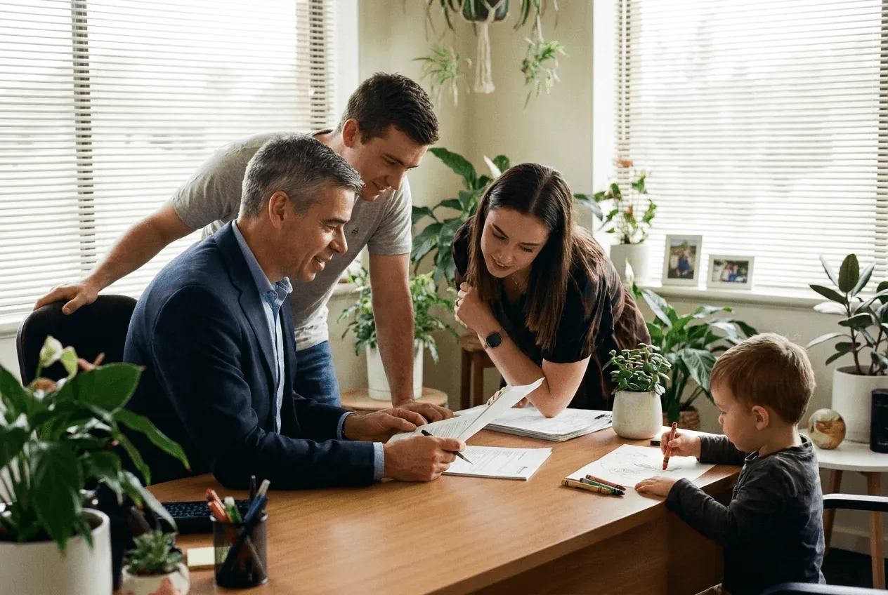 Mortgage broker comparing loans from multiple lenders with a family