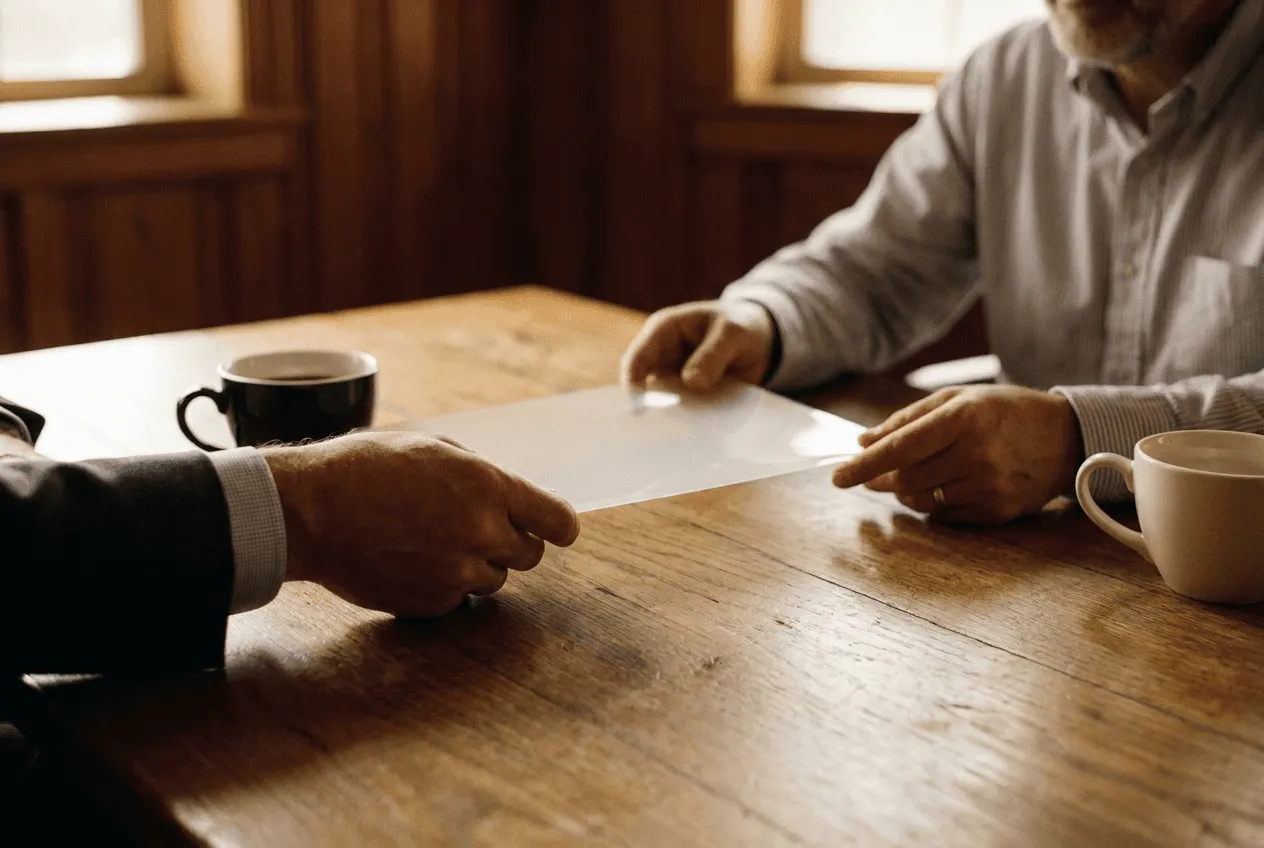 Mortgage broker handing loan documents to a client across a table