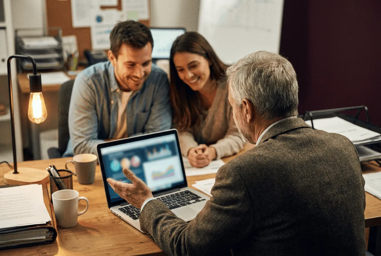 Broker comparing home loan options from 25+ lenders with a couple